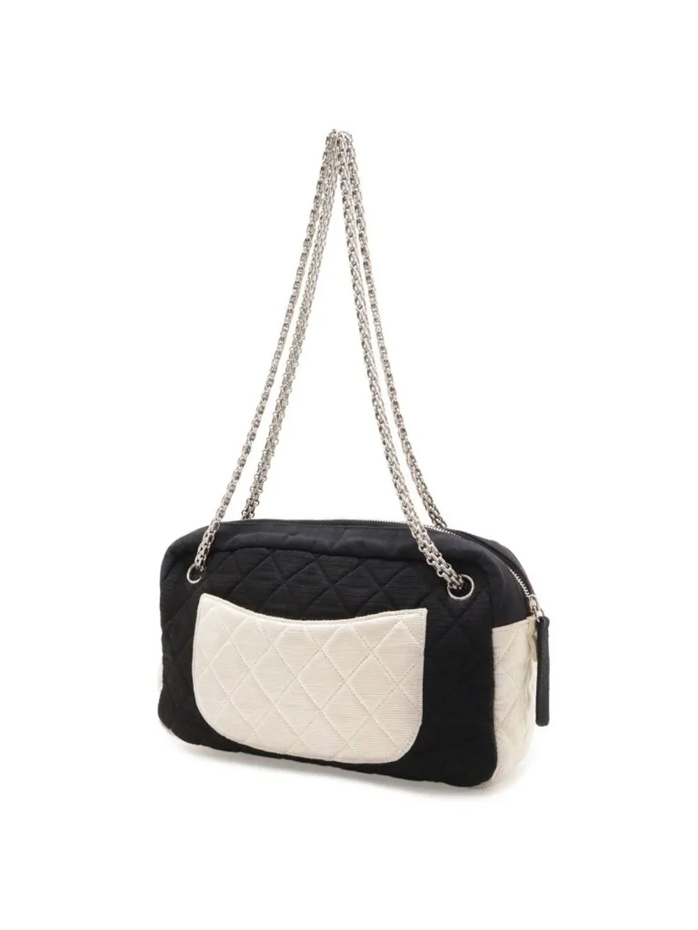 Chanel 2.55 Shoulder Bag Chain Bicolor Satin Canvas Black Ivory White Silver